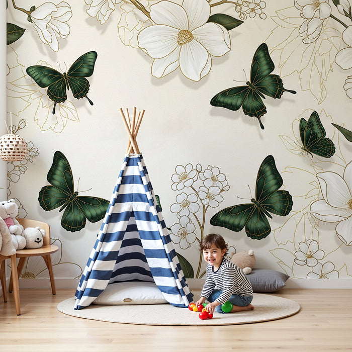 Papier peint chambre bébé | Papillons verts et fleurs blanches sur fond doux