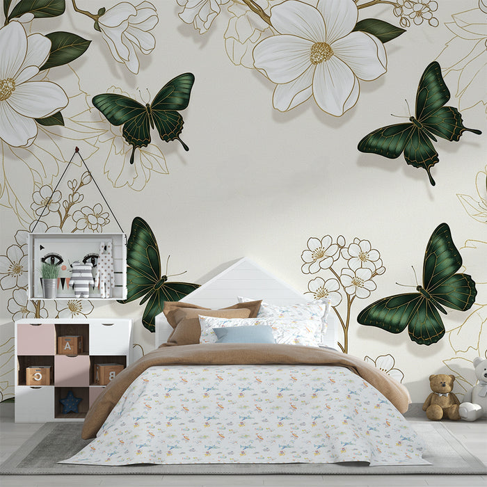 Papier peint chambre bébé | Papillons verts et fleurs blanches sur fond doux