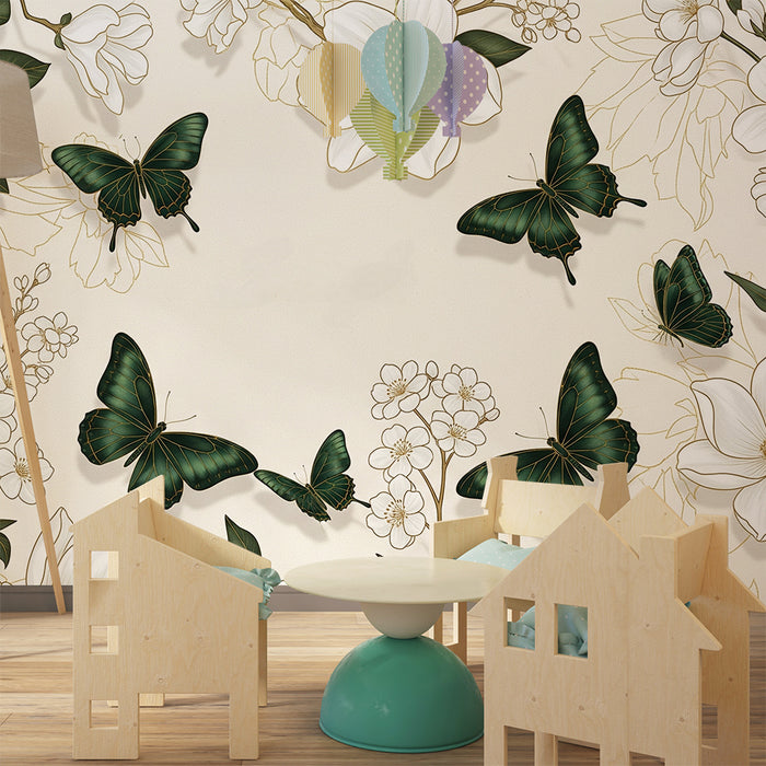 Papier peint chambre bébé | Papillons verts et fleurs blanches sur fond doux