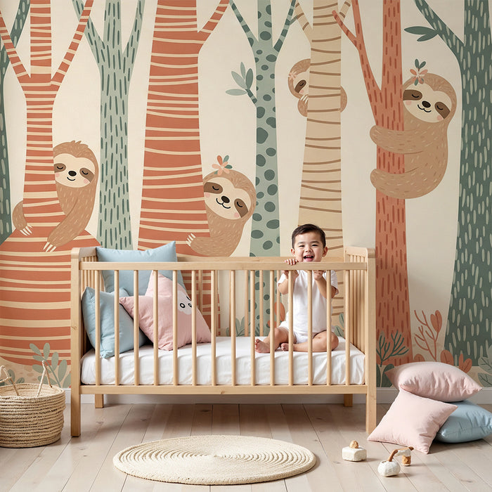 Behang kinderkamer | Schattige luiaards in een kleurrijk bos