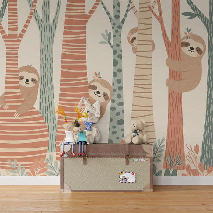 Behang kinderkamer | Schattige luiaards in een kleurrijk bos