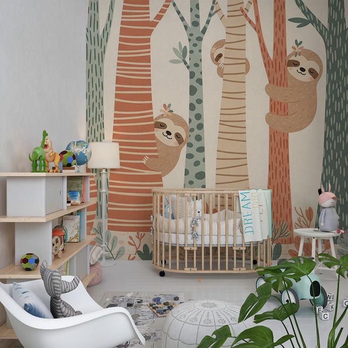 Behang kinderkamer | Schattige luiaards in een kleurrijk bos