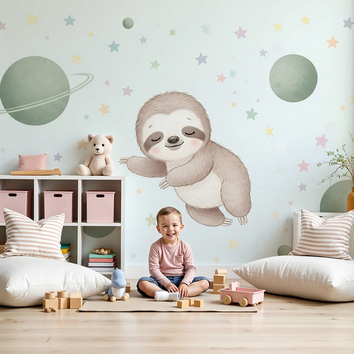 Papier peint chambre bébé | Paresseux dans l'espace étoilé
