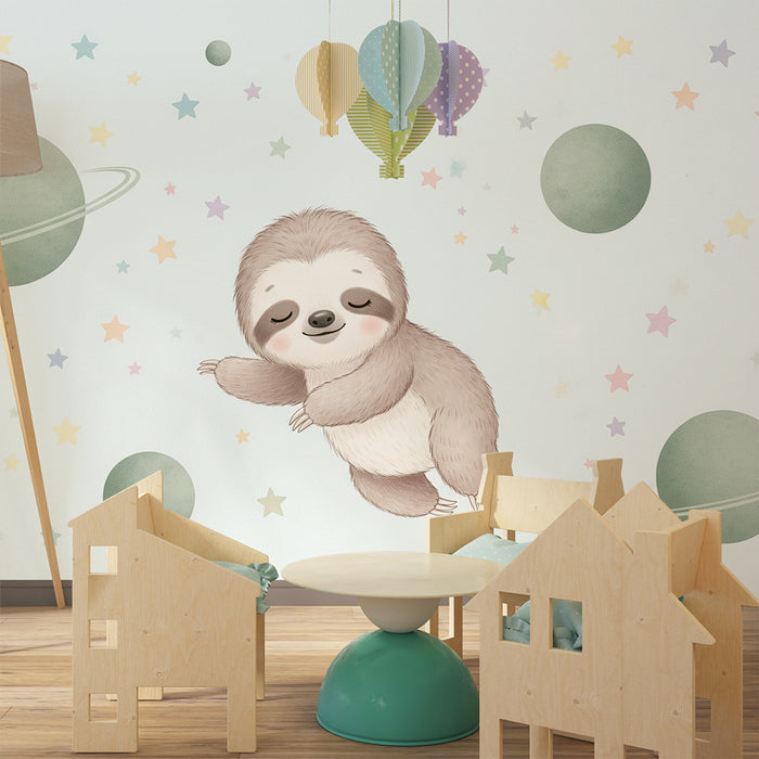 Papier peint chambre bébé | Paresseux dans l'espace étoilé