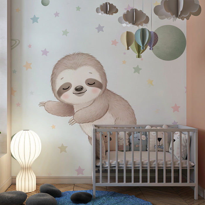 Papier peint chambre bébé | Paresseux dans l'espace étoilé
