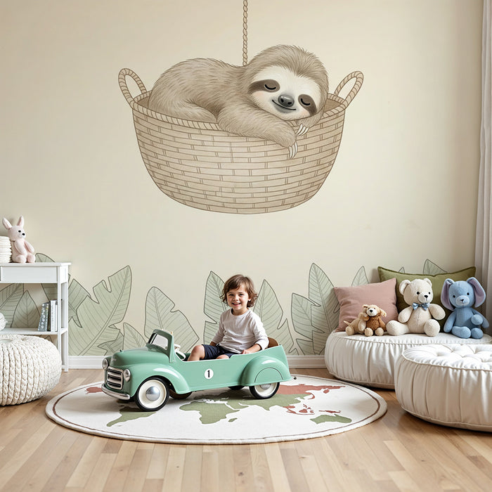 Papel de parede quarto bebê | Preguiçoso na sua cesta