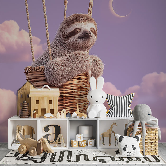 Papier peint chambre bébé | Paresseux dans un panier suspendu au-dessus des nuages