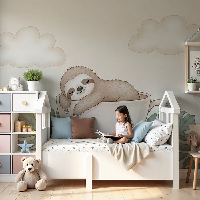 Papel pintado infantil | Perezoso en una taza con hojas tropicales