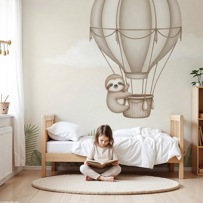 Carta da parati bambini | Pigro in mongolfiera sopra la giungla