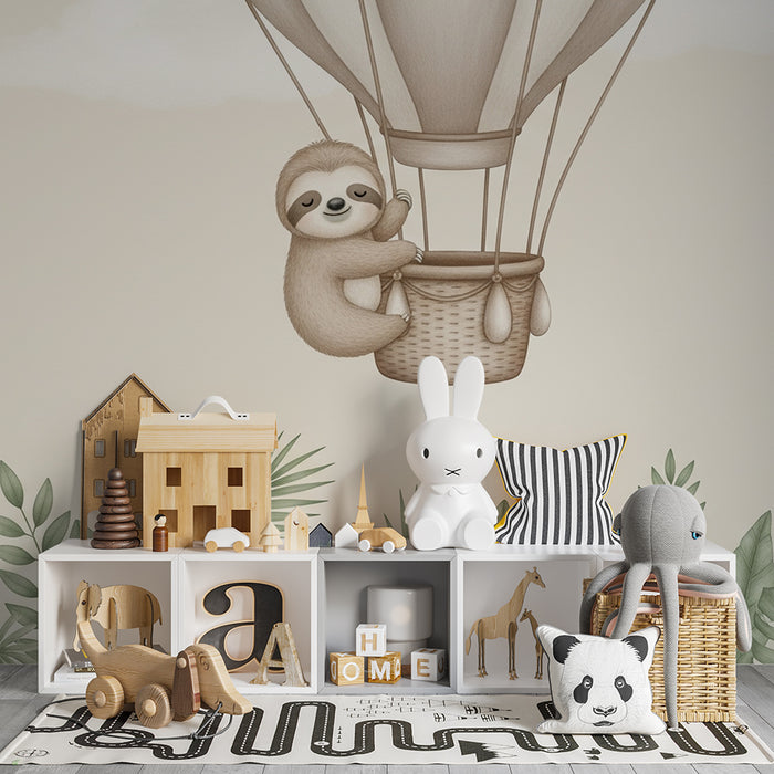 Carta da parati bambini | Pigro in mongolfiera sopra la giungla
