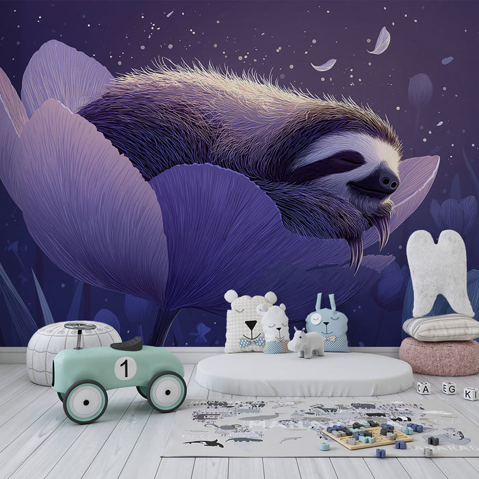 Børneværelse tapet | Søvnig dovendyr i en delikat blomst