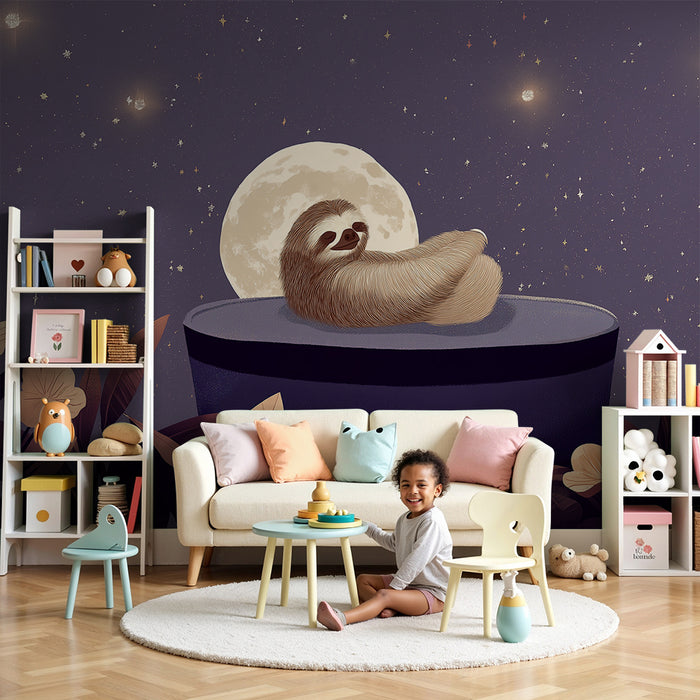 Papel de parede quarto bebê | Preguiça dormindo sob a lua com estrelas cintilantes