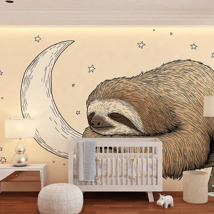 Papel de parede quarto bebê | Preguiça dormindo sob a lua e as estrelas
