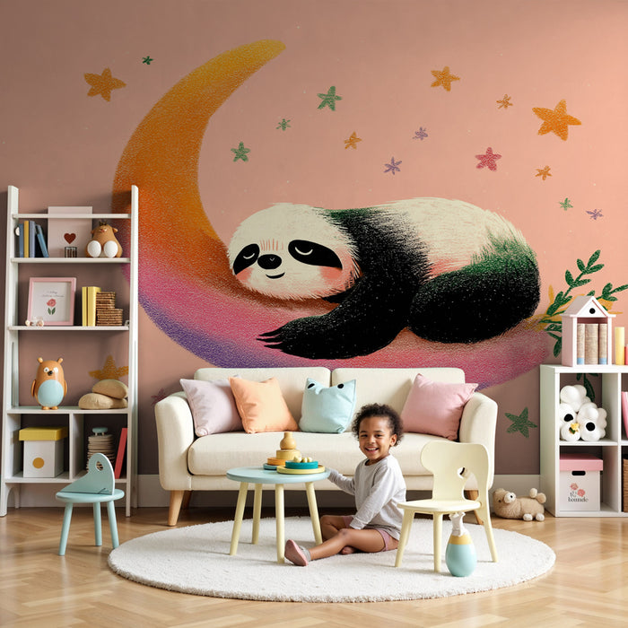 Papier peint chambre bébé | Panda endormi sur un croissant de lune