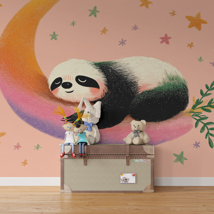 Papier peint chambre bébé | Panda endormi sur un croissant de lune