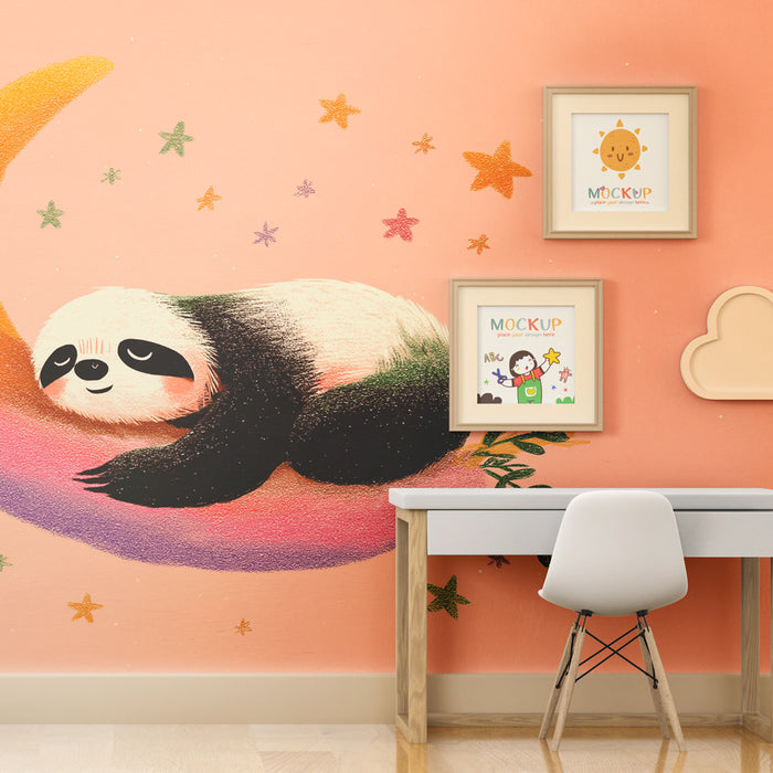 Papier peint chambre bébé | Panda endormi sur un croissant de lune