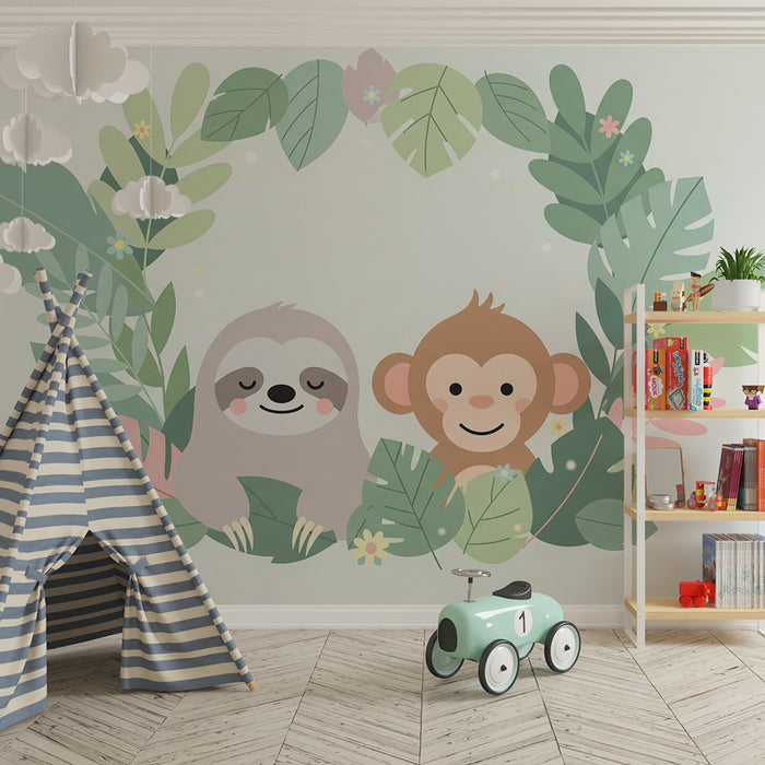 Papel de parede quarto bebê | Lenjivci in opice obkroženi s tropskim listjem