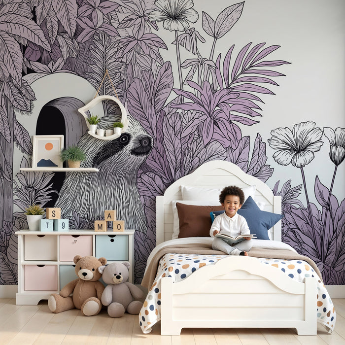 Papier peint chambre bébé | Paresseux joueur et nature florale