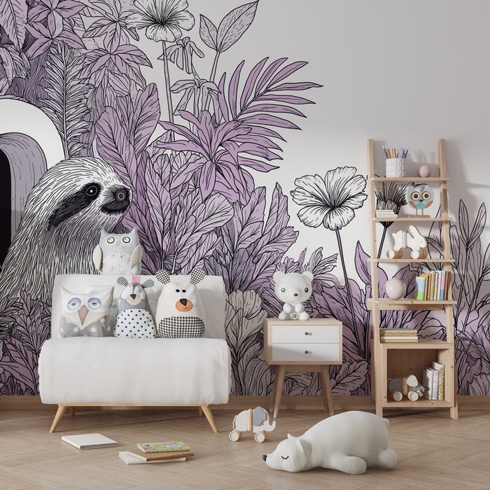 Papier peint chambre bébé | Paresseux joueur et nature florale