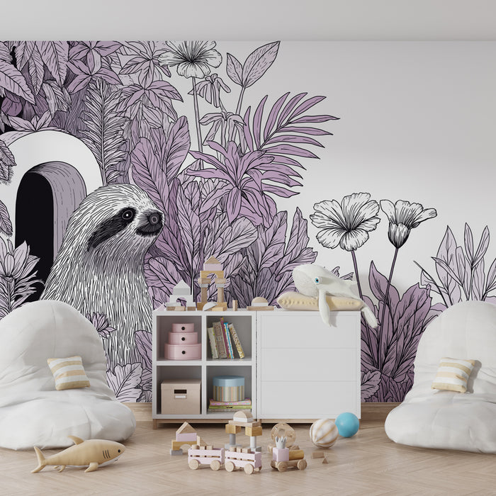 Papier peint chambre bébé | Paresseux joueur et nature florale