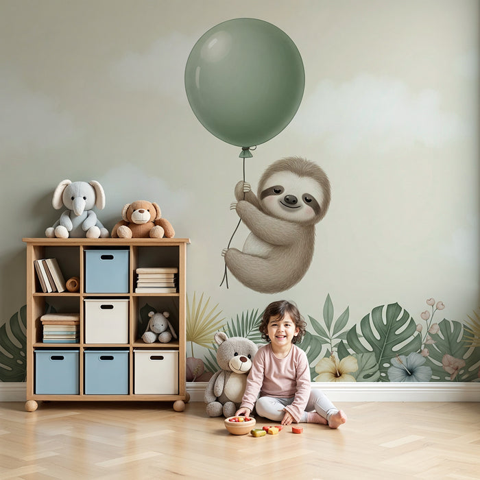 Carta da parati bambini | Orso pigro carino con palloncino in un ambiente tropicale