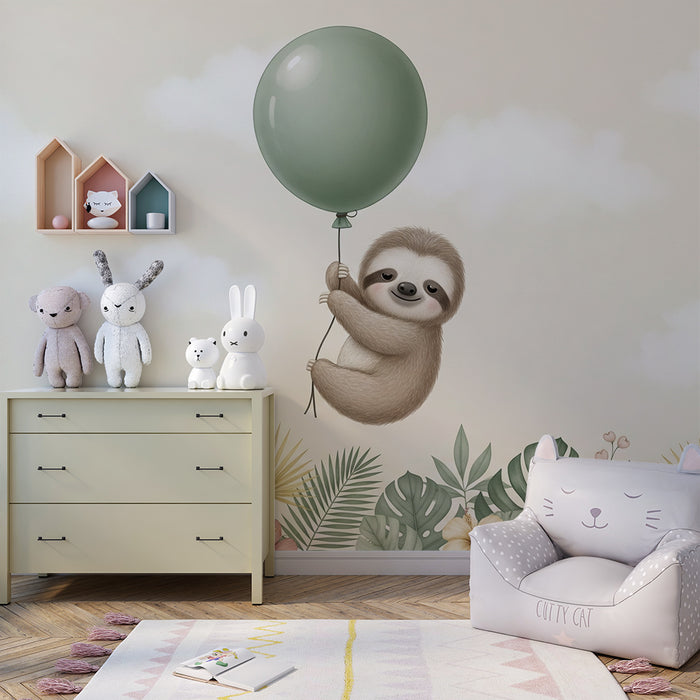 Carta da parati bambini | Orso pigro carino con palloncino in un ambiente tropicale