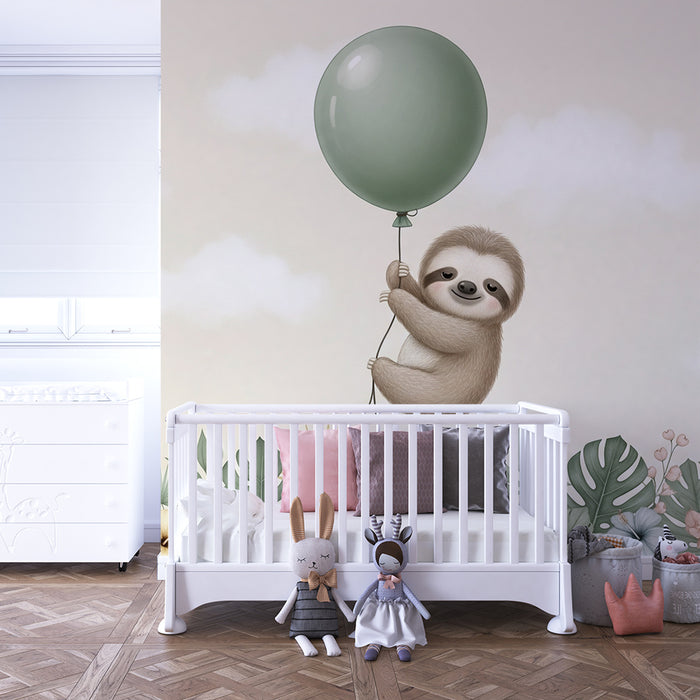Carta da parati bambini | Orso pigro carino con palloncino in un ambiente tropicale