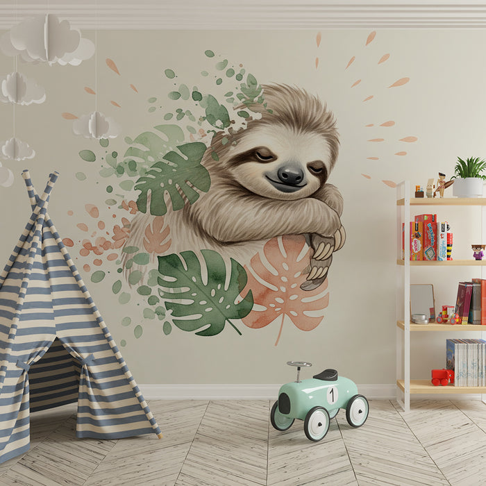 Tapeta do detskej izby | Roztomilý leňoch obklopený tropickou vegetáciou