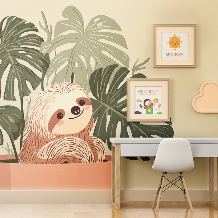 Tapet camera bebeluș | Leneș drăguț înconjurat de frunziș tropical