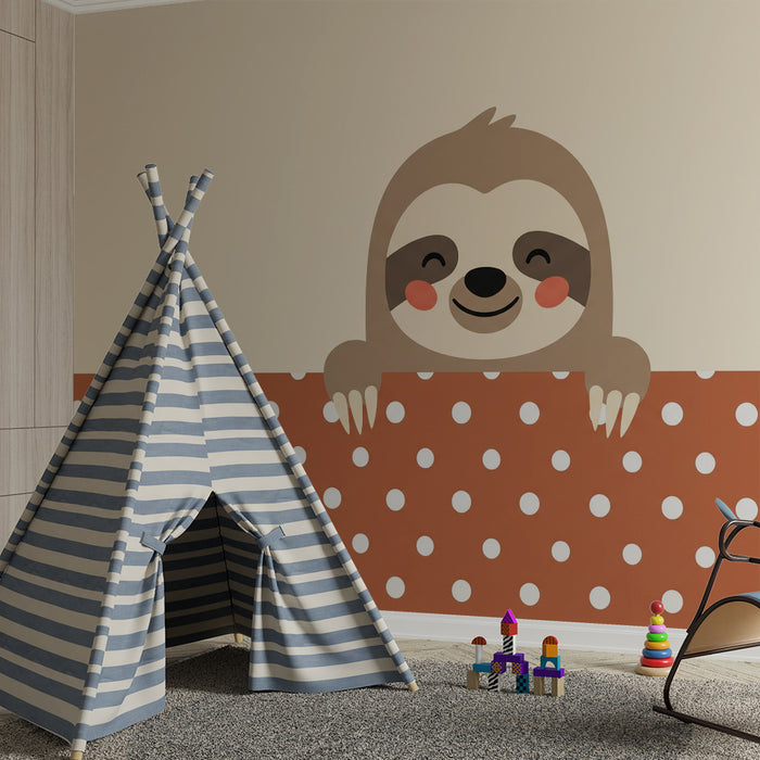 Babykamer behang | Schattige luiaard op stippenachtergrond