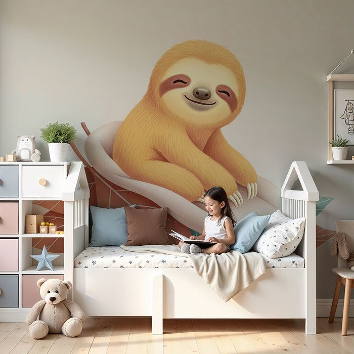 Tapet camera bebeluși | Leneș simpatic pe un pat de frunze colorate