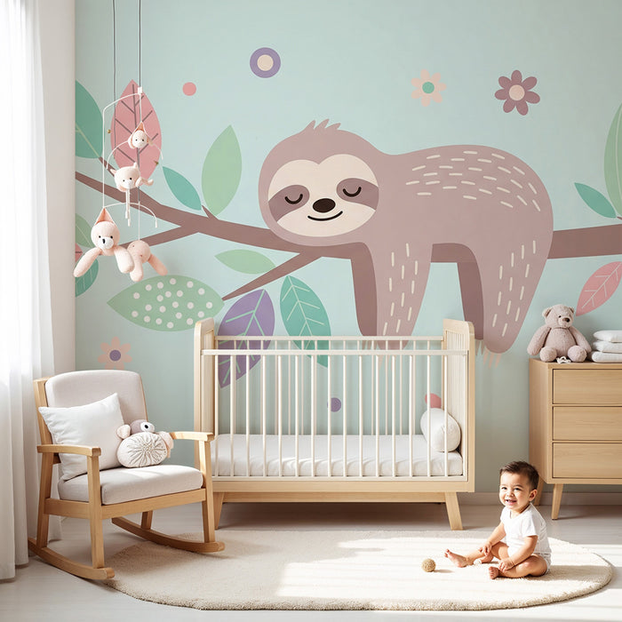 Tapet pentru camera de bebeluși | Leneș drăguț pe o ramură cu frunze colorate