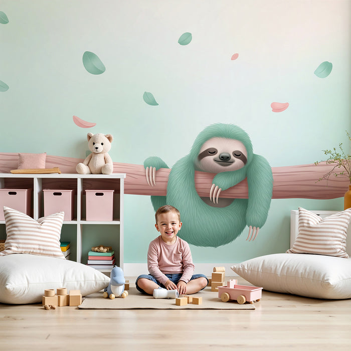 Nursery room wallpaper | Cute sloth on a branch with colorful petals