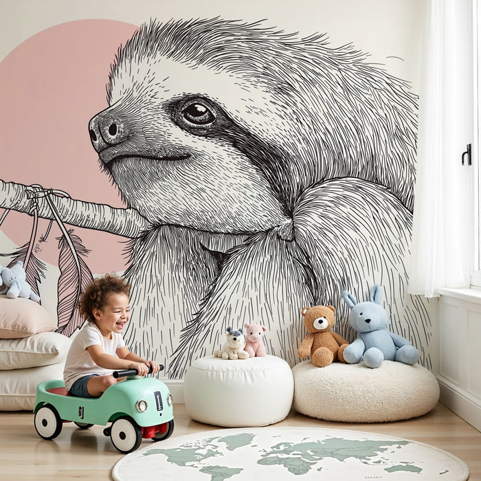 Papier peint chambre bébé | Paresseux mignon suspendu à une branche