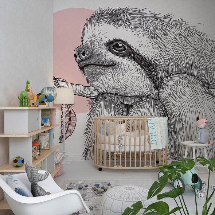 Papier peint chambre bébé | Paresseux mignon suspendu à une branche