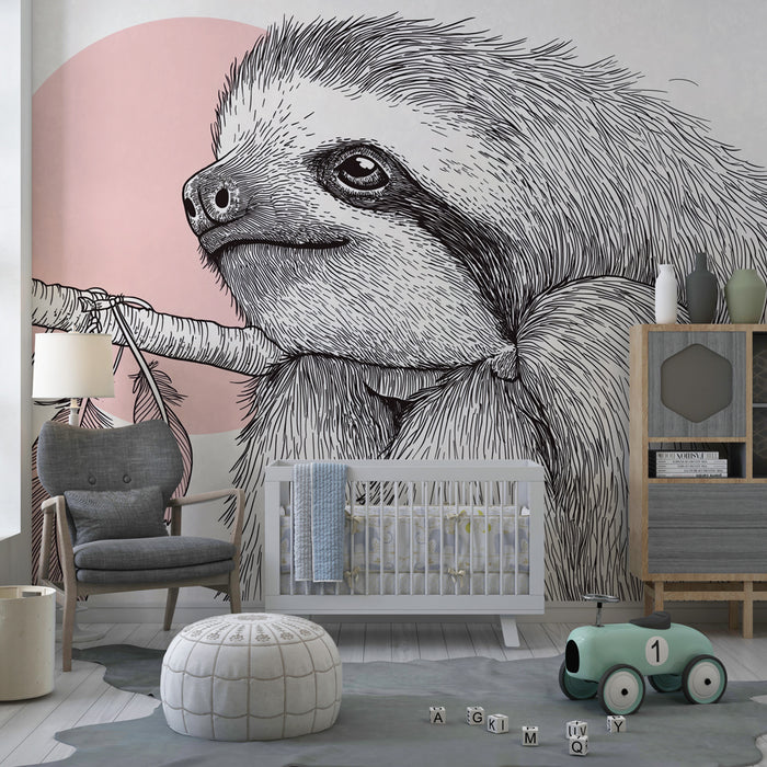 Papier peint chambre bébé | Paresseux mignon suspendu à une branche