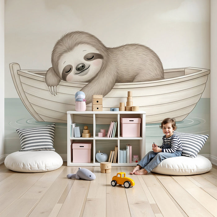 Papel pintado infantil | Perezoso tranquilo en un bote