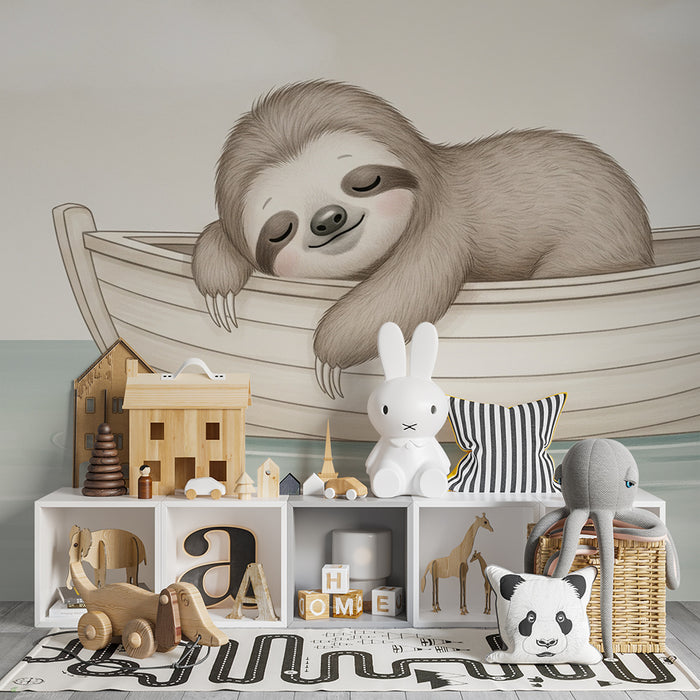 Papel pintado infantil | Perezoso tranquilo en un bote