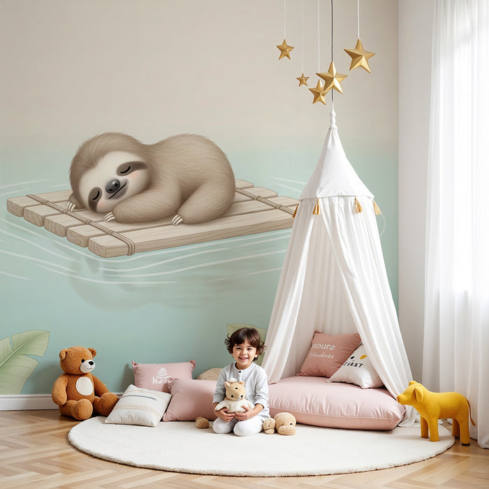Papier peint chambre bébé | Paresseux paisible sur un radeau