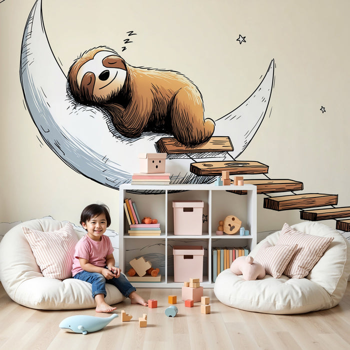 Papier peint chambre bébé | Paresseux rêveur sur la lune