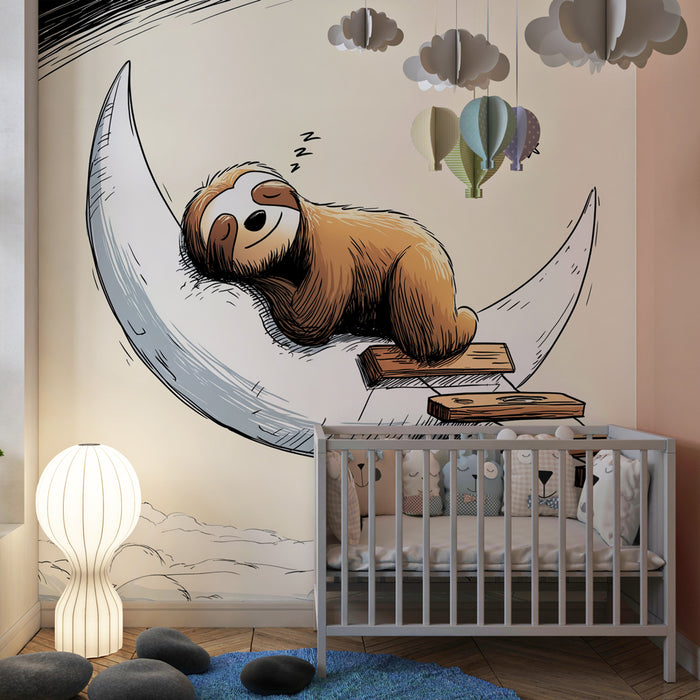 Papier peint chambre bébé | Paresseux rêveur sur la lune