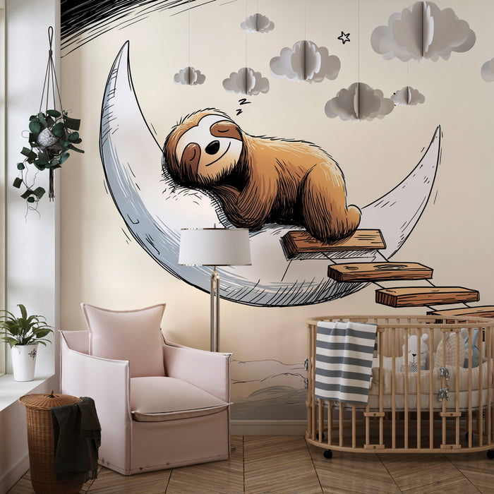 Papier peint chambre bébé | Paresseux rêveur sur la lune
