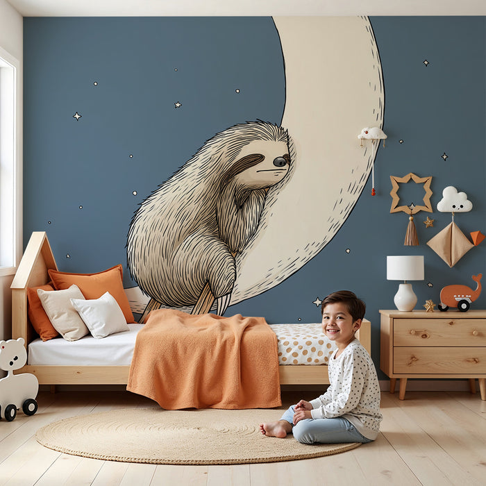 Carta da parati bambini | Pigro sognatore sulla luna tra le stelle