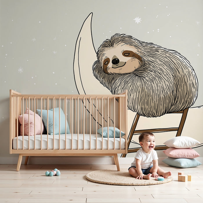 Papel de parede quarto bebê | Sonhador preguiçoso em uma lua estrelada