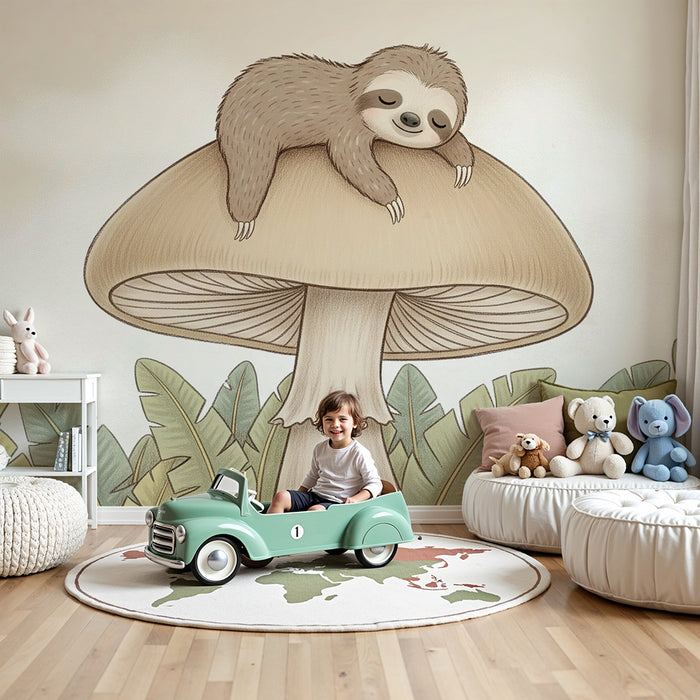 Tapet pentru camera de bebeluși | Leneș pe un ciupercă în mijlocul junglei