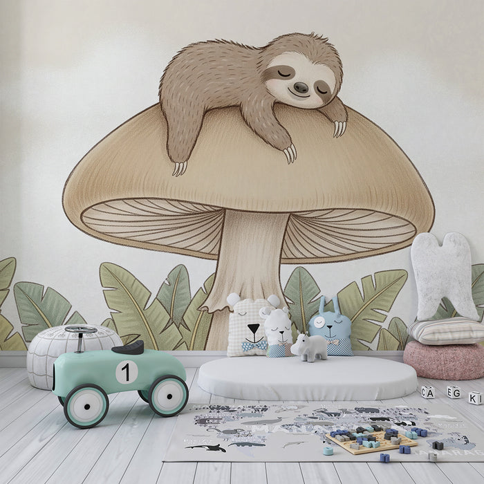 Tapet pentru camera de bebeluși | Leneș pe un ciupercă în mijlocul junglei