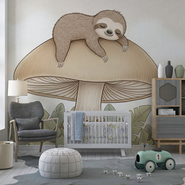 Tapet pentru camera de bebeluși | Leneș pe un ciupercă în mijlocul junglei
