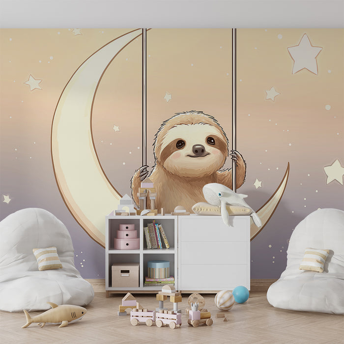 Tapeta dětského pokoje | Lenoch visící na měsíci se třpytivými hvězdami