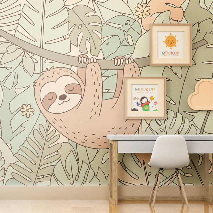Papier de parede quarto bebê | Lenivý visí v upokojujúcej džungli