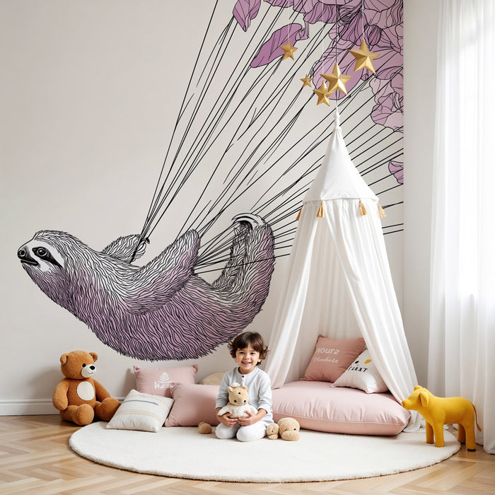 Papier peint chambre bébé | Paresseux volant avec des fleurs délicates